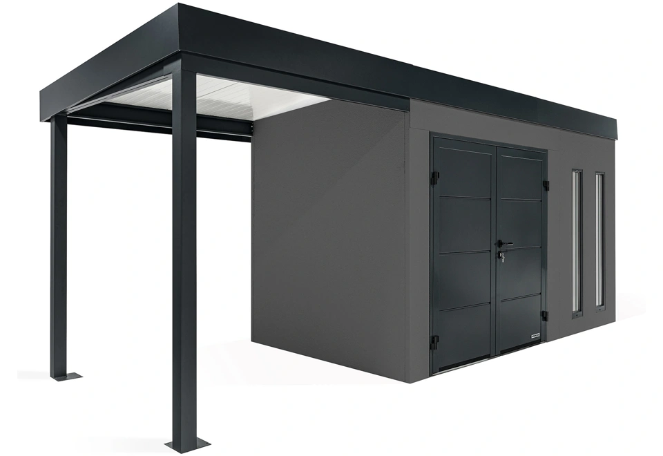 GARDEON® Záhradný domček s dvojitými dverami Hörmann, dvomi svetlíkmi a ľavým prístreškom