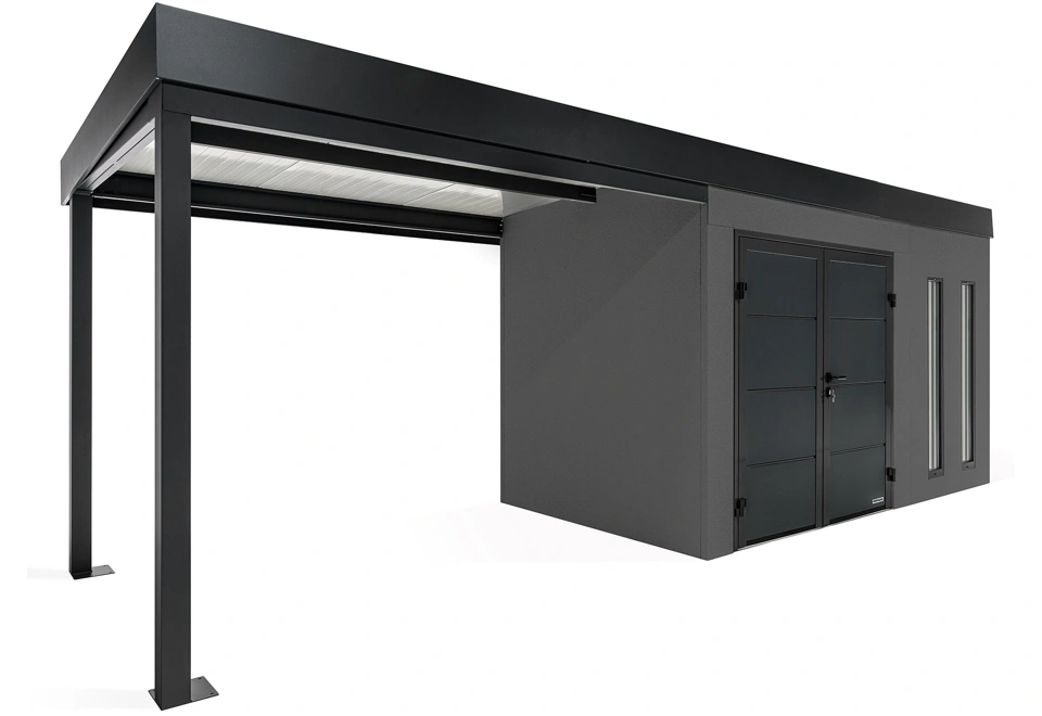 GARDEON® Záhradný domček s dvojitými dverami Hörmann, dvomi svetlíkmi a ľavým prístreškom