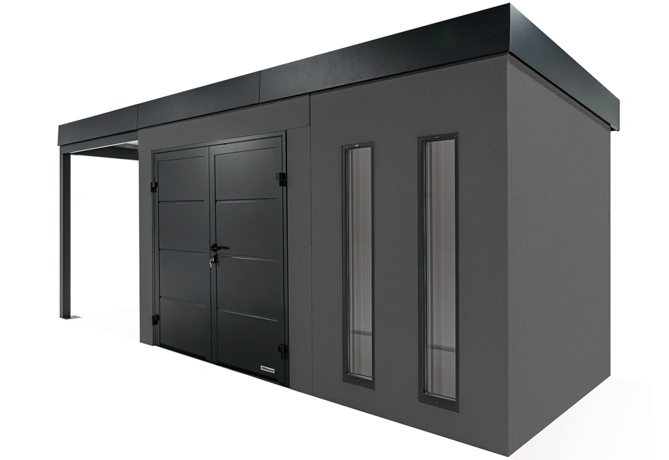 GARDEON® Záhradný domček s dvojitými dverami Hörmann, dvomi svetlíkmi a ľavým prístreškom