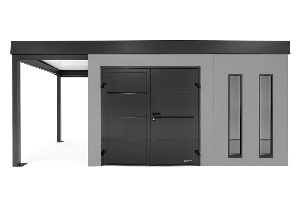 GARDEON® Záhradný domček s dvojitými dverami Hörmann, dvomi svetlíkmi a ľavým prístreškom