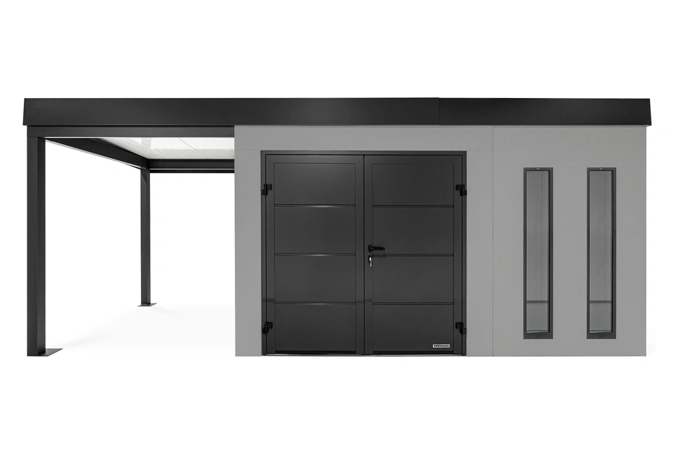 GARDEON® Záhradný domček s dvojitými dverami Hörmann, dvomi svetlíkmi a ľavým prístreškom