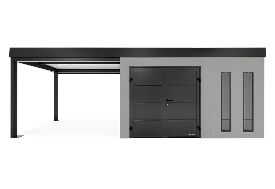 GARDEON® Záhradný domček s dvojitými dverami Hörmann, dvomi svetlíkmi a ľavým prístreškom