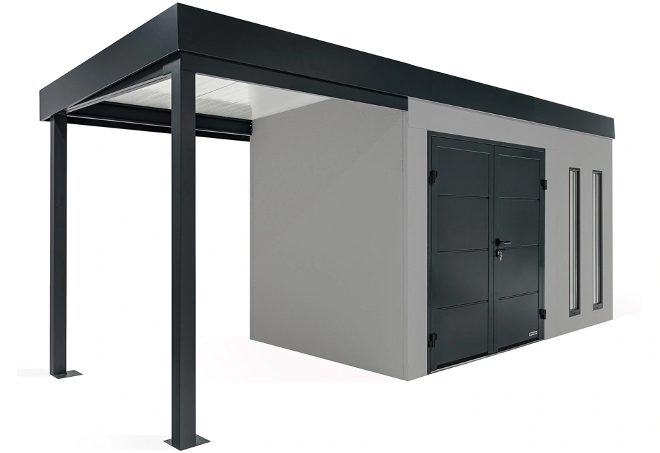 GARDEON® Záhradný domček s dvojitými dverami Hörmann, dvomi svetlíkmi a ľavým prístreškom