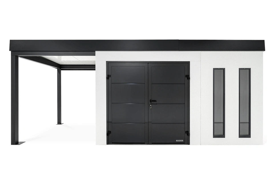 GARDEON® Záhradný domček s dvojitými dverami Hörmann, dvomi svetlíkmi a ľavým prístreškom