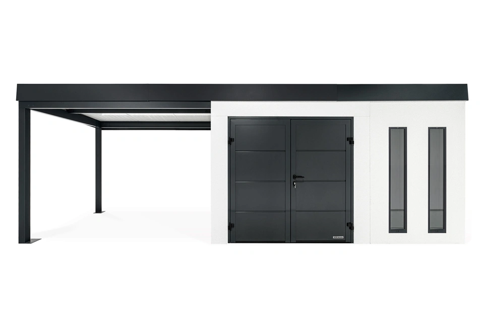 GARDEON® Záhradný domček s dvojitými dverami Hörmann, dvomi svetlíkmi a ľavým prístreškom