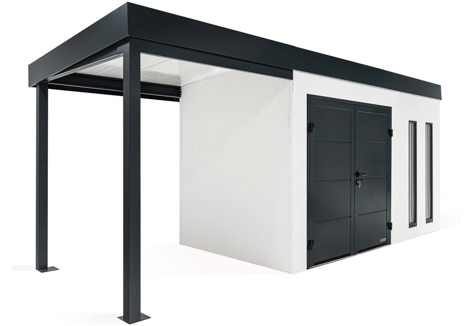 GARDEON® Záhradný domček s dvojitými dverami Hörmann, dvomi svetlíkmi a ľavým prístreškom