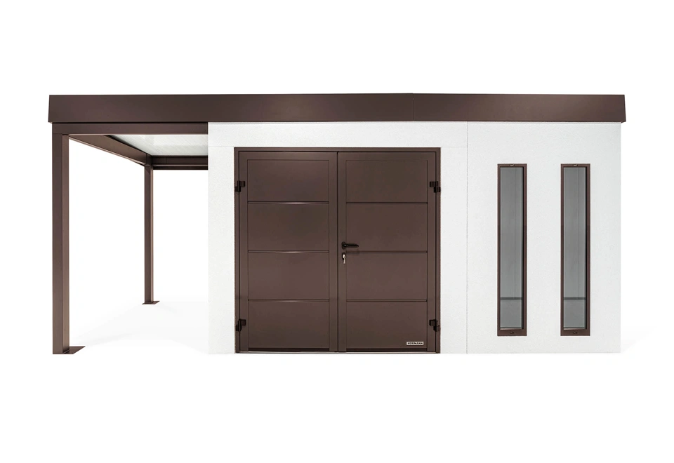 GARDEON® Záhradný domček s dvojitými dverami Hörmann, dvomi svetlíkmi a ľavým prístreškom