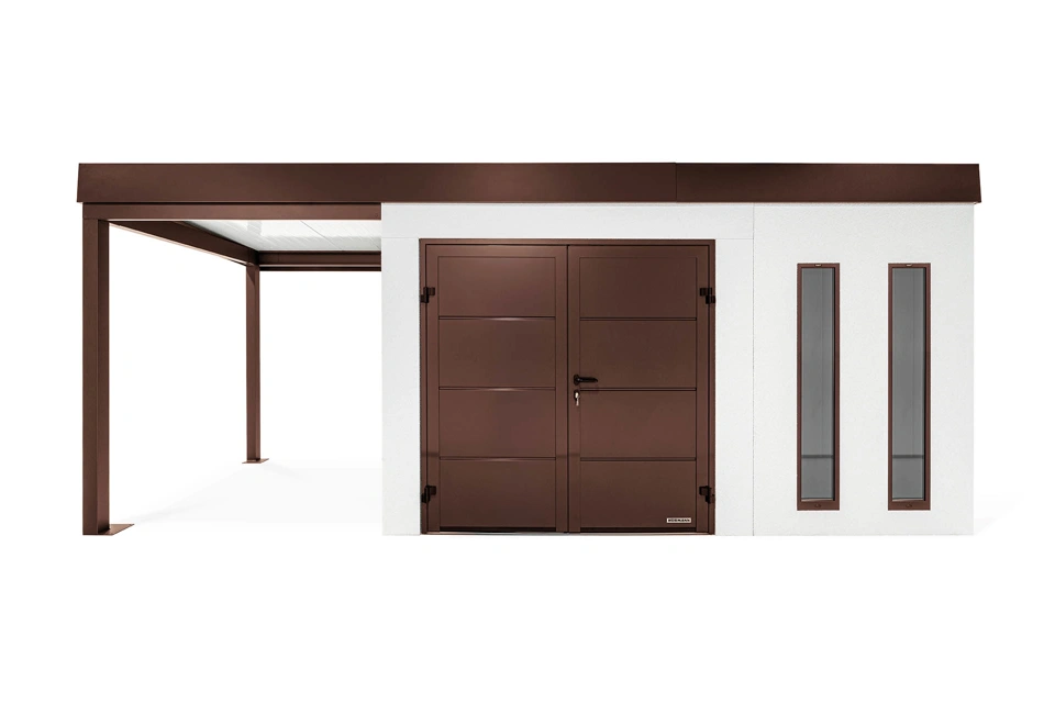 GARDEON® Záhradný domček s dvojitými dverami Hörmann, dvomi svetlíkmi a ľavým prístreškom