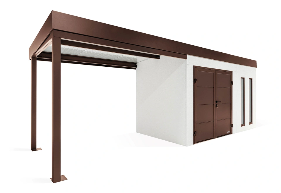 GARDEON® Záhradný domček s dvojitými dverami Hörmann, dvomi svetlíkmi a ľavým prístreškom