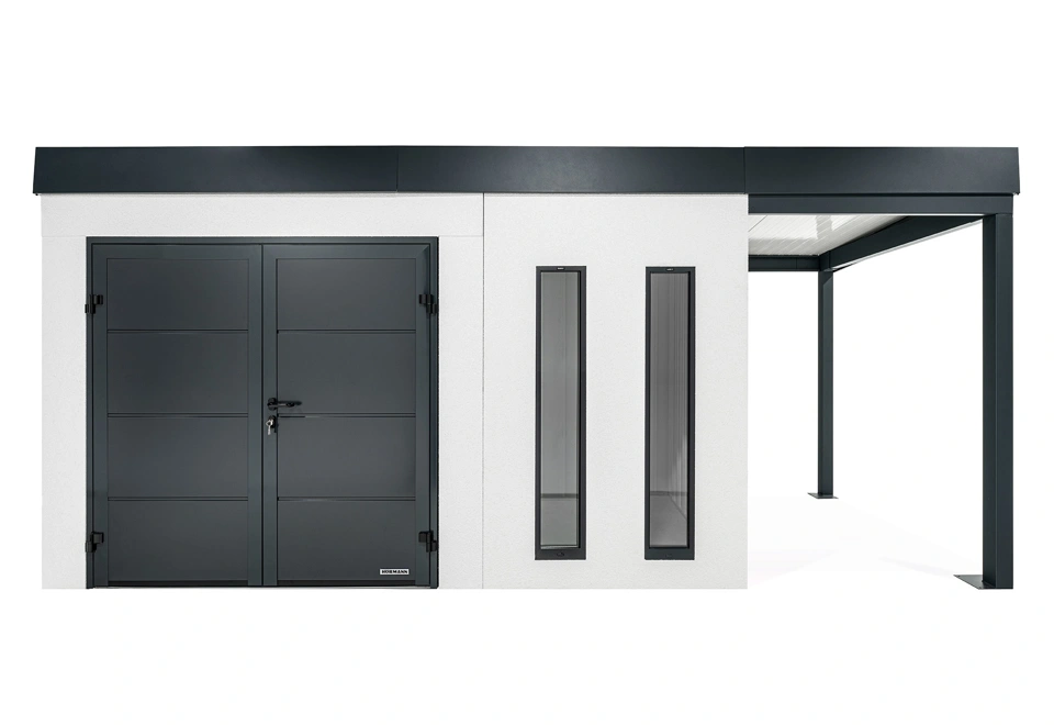 GARDEON® Záhradný domček s dvojitými dverami Hörmann, dvomi svetlíkmi a pravým prístreškom