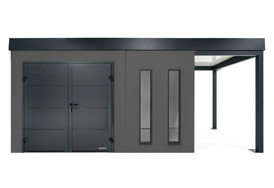 GARDEON® Záhradný domček s dvojitými dverami Hörmann, dvomi svetlíkmi a pravým prístreškom