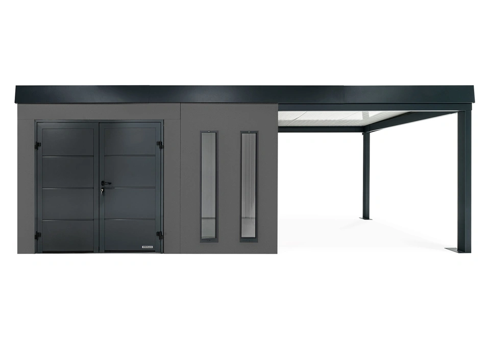 GARDEON® Záhradný domček s dvojitými dverami Hörmann, dvomi svetlíkmi a pravým prístreškom