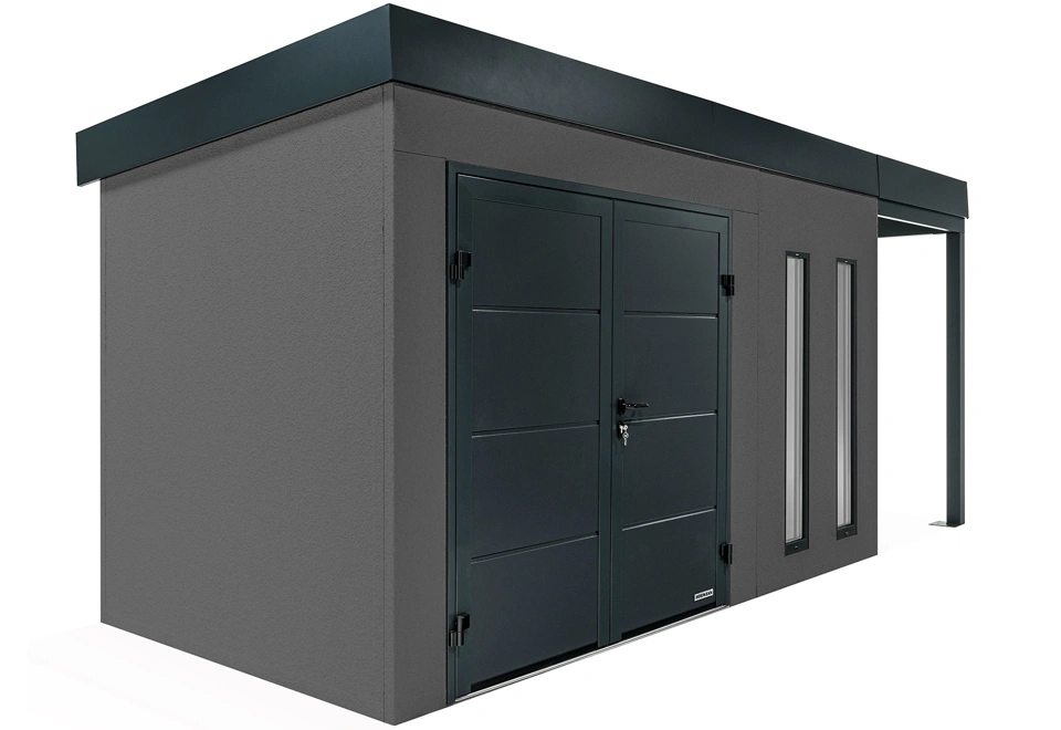 GARDEON® Záhradný domček s dvojitými dverami Hörmann, dvomi svetlíkmi a pravým prístreškom