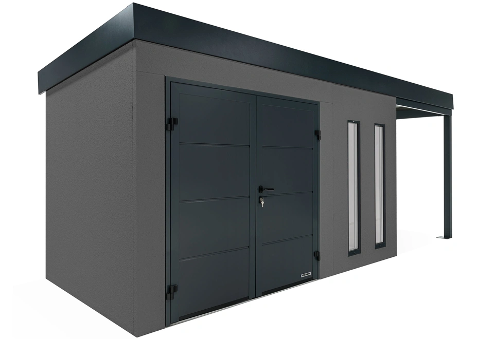 GARDEON® Záhradný domček s dvojitými dverami Hörmann, dvomi svetlíkmi a pravým prístreškom