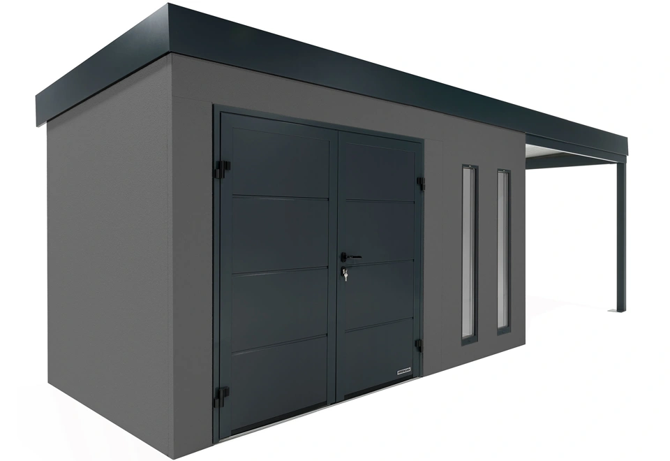 GARDEON® Záhradný domček s dvojitými dverami Hörmann, dvomi svetlíkmi a pravým prístreškom