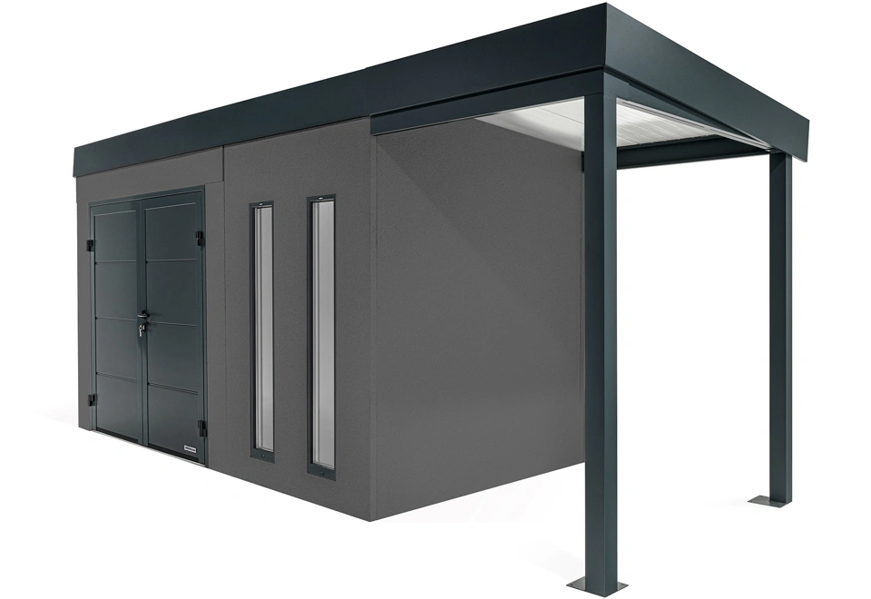 GARDEON® Záhradný domček s dvojitými dverami Hörmann, dvomi svetlíkmi a pravým prístreškom