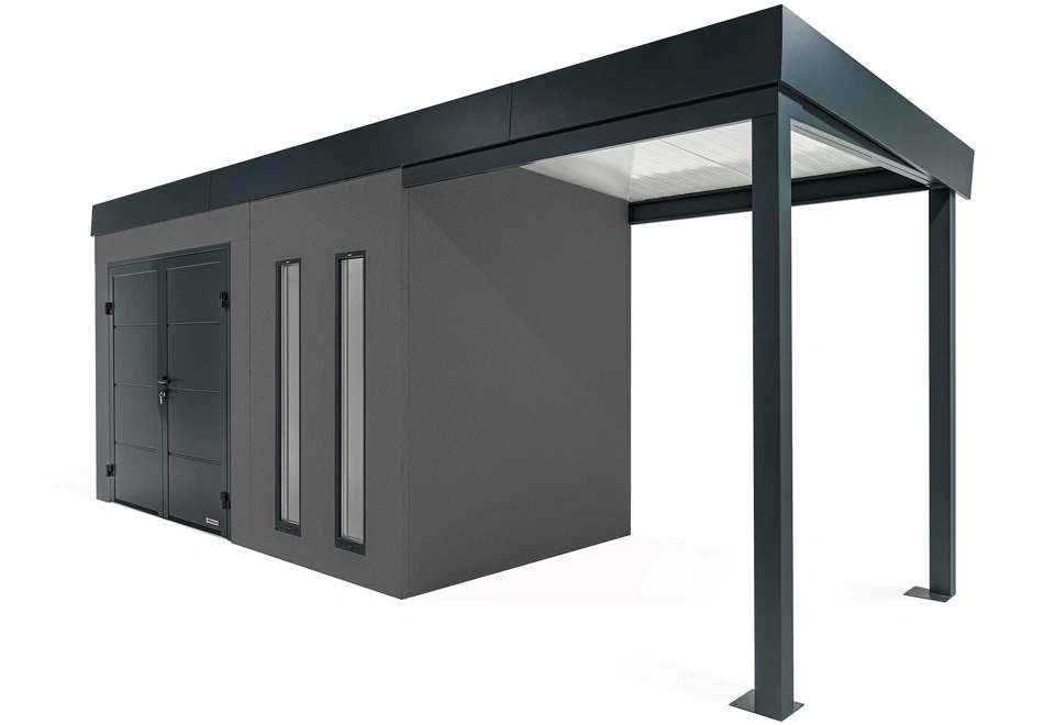 GARDEON® Záhradný domček s dvojitými dverami Hörmann, dvomi svetlíkmi a pravým prístreškom