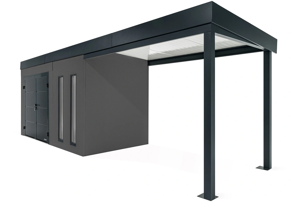 GARDEON® Záhradný domček s dvojitými dverami Hörmann, dvomi svetlíkmi a pravým prístreškom