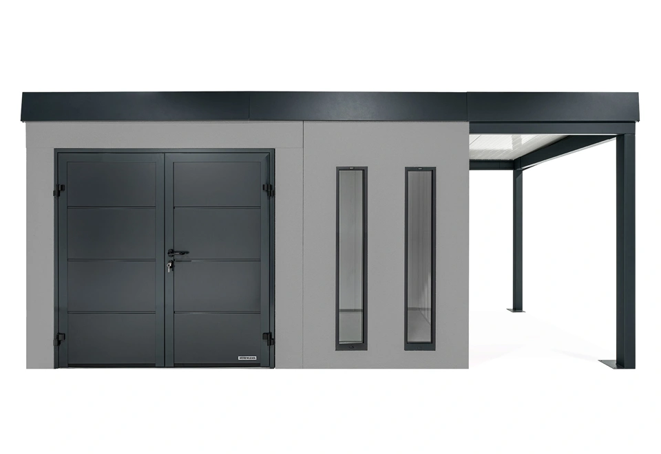 GARDEON® Záhradný domček s dvojitými dverami Hörmann, dvomi svetlíkmi a pravým prístreškom