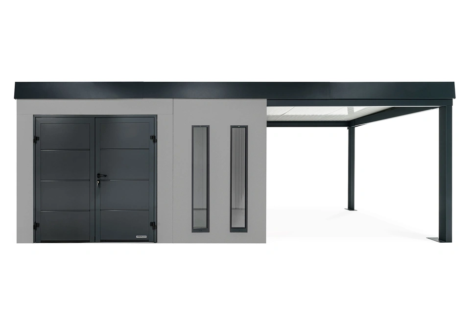 GARDEON® Záhradný domček s dvojitými dverami Hörmann, dvomi svetlíkmi a pravým prístreškom