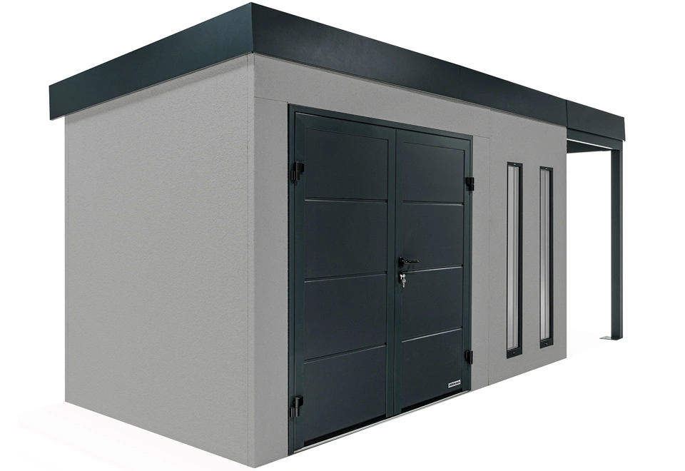 GARDEON® Záhradný domček s dvojitými dverami Hörmann, dvomi svetlíkmi a pravým prístreškom