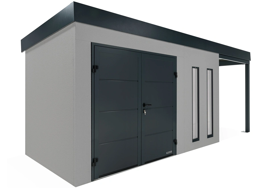 GARDEON® Záhradný domček s dvojitými dverami Hörmann, dvomi svetlíkmi a pravým prístreškom