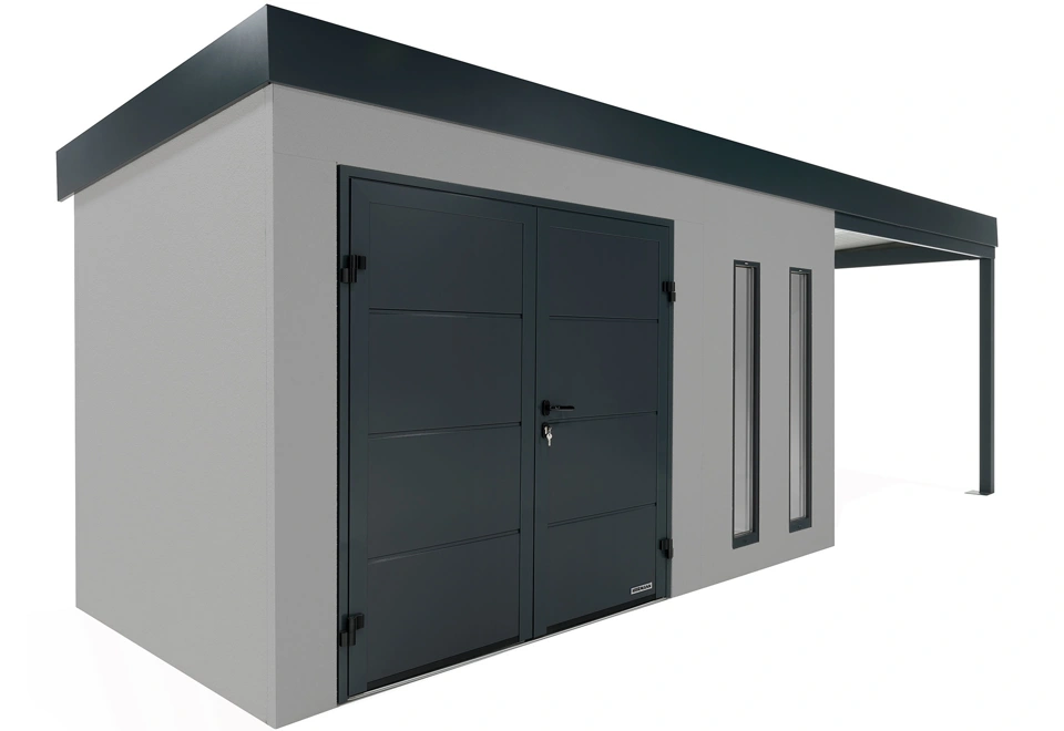 GARDEON® Záhradný domček s dvojitými dverami Hörmann, dvomi svetlíkmi a pravým prístreškom