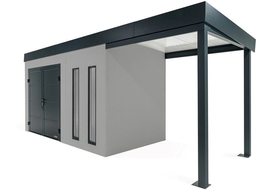 GARDEON® Záhradný domček s dvojitými dverami Hörmann, dvomi svetlíkmi a pravým prístreškom