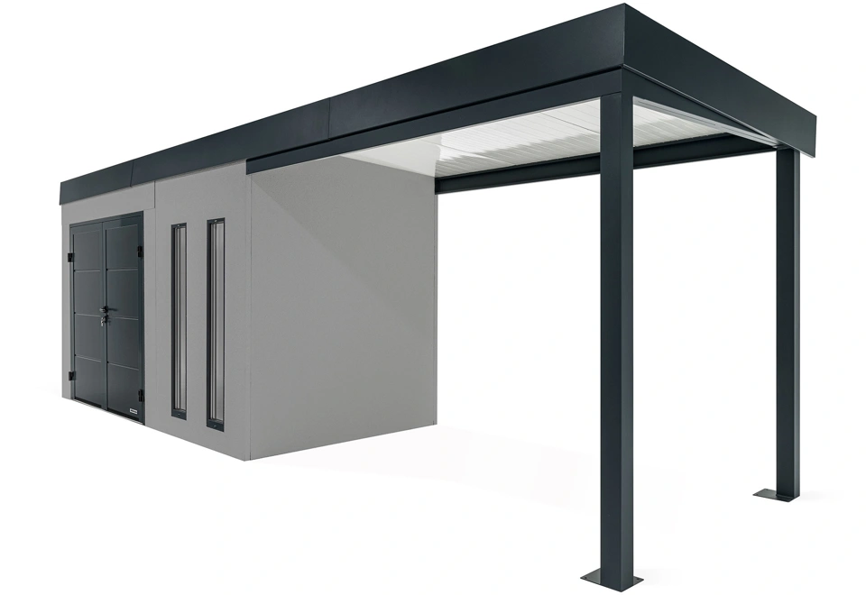 GARDEON® Záhradný domček s dvojitými dverami Hörmann, dvomi svetlíkmi a pravým prístreškom