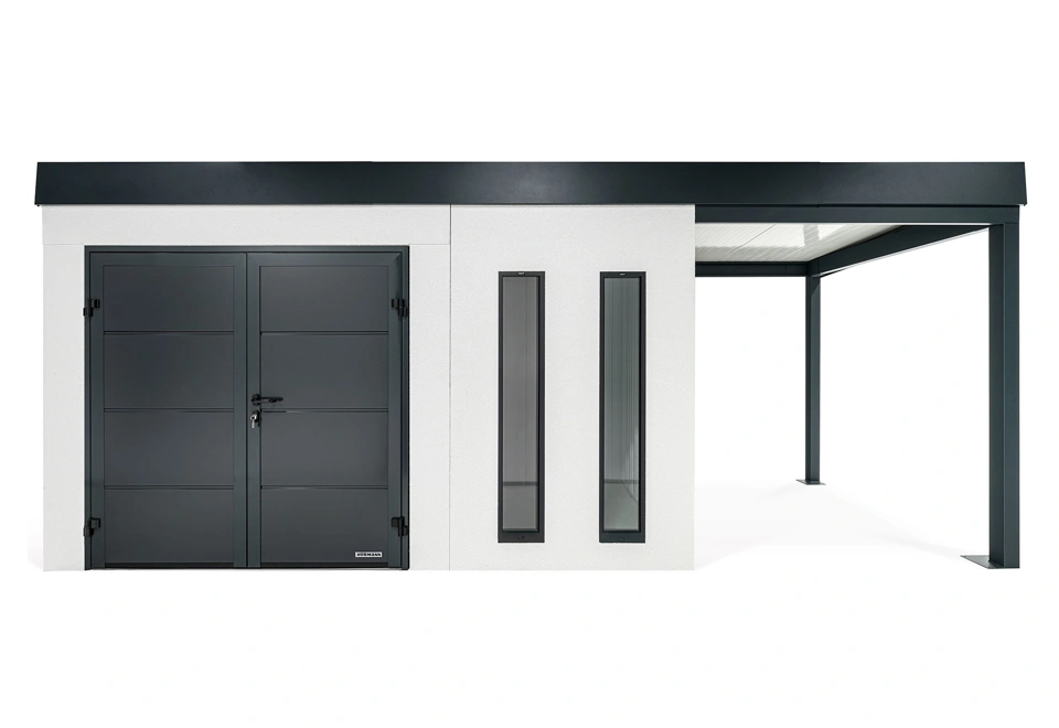 GARDEON® Záhradný domček s dvojitými dverami Hörmann, dvomi svetlíkmi a pravým prístreškom