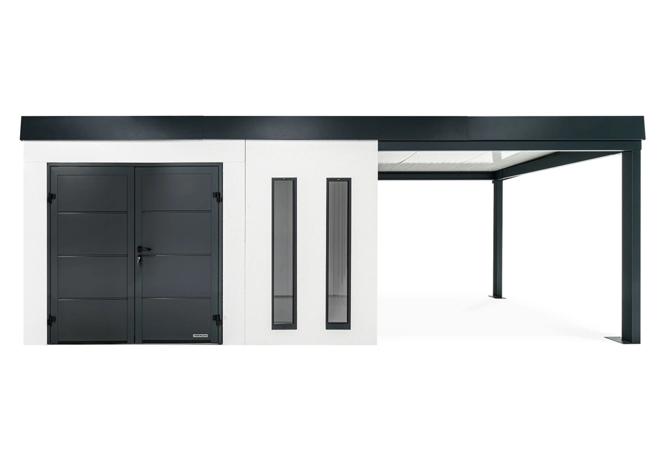 GARDEON® Záhradný domček s dvojitými dverami Hörmann, dvomi svetlíkmi a pravým prístreškom