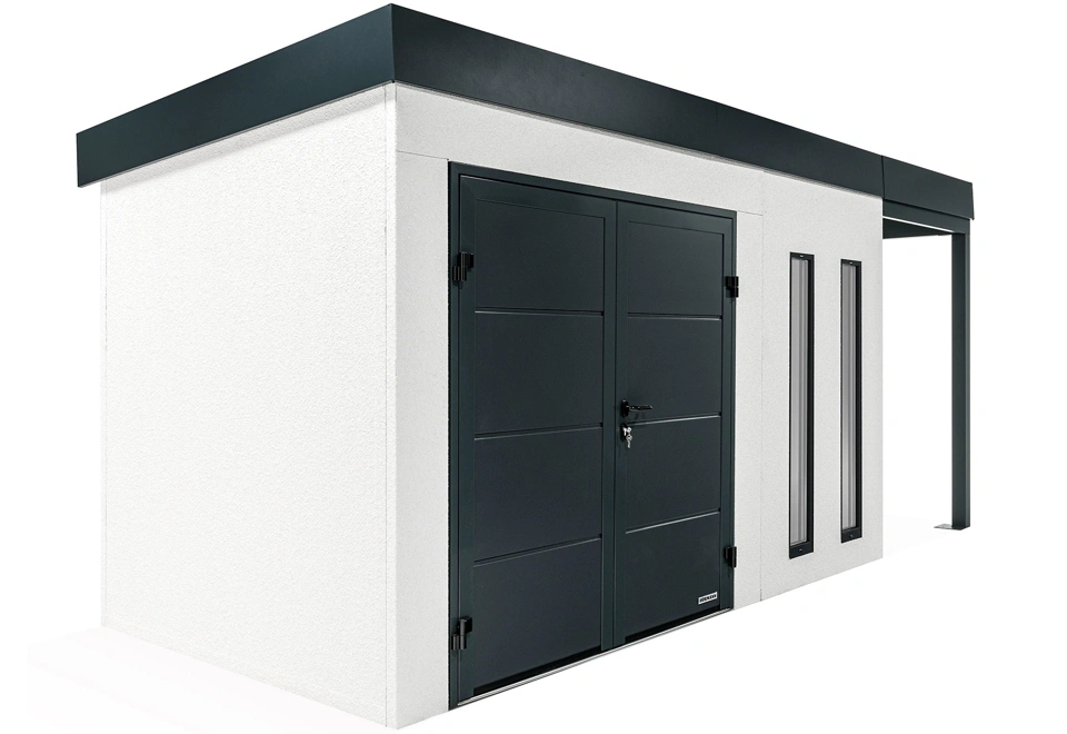 GARDEON® Záhradný domček s dvojitými dverami Hörmann, dvomi svetlíkmi a pravým prístreškom