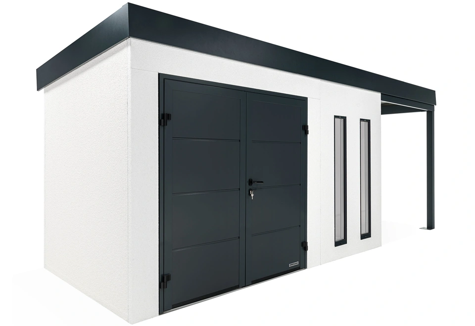 GARDEON® Záhradný domček s dvojitými dverami Hörmann, dvomi svetlíkmi a pravým prístreškom