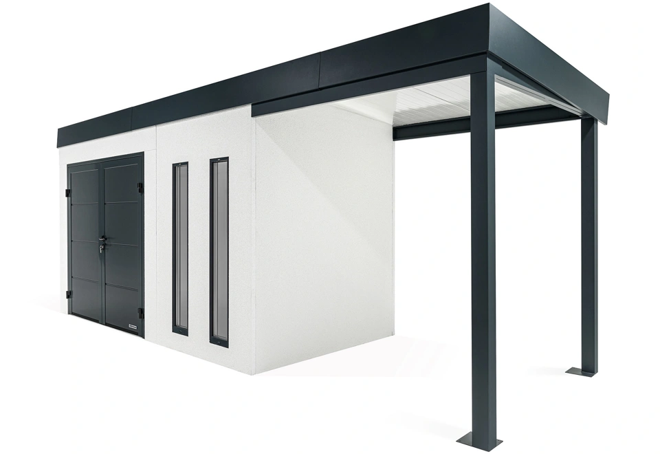 GARDEON® Záhradný domček s dvojitými dverami Hörmann, dvomi svetlíkmi a pravým prístreškom