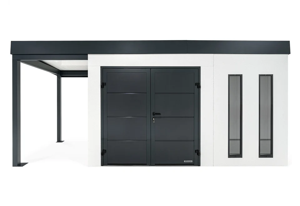 GARDEON® Záhradný domček s dvojitými dverami Hörmann, dvomi svetlíkmi a prístreškom
