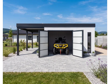 GARDEON® Záhradný domček s dvojitými dverami Hörmann, dvomi svetlíkmi a prístreškom