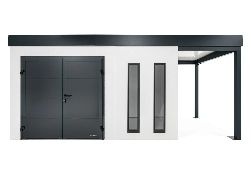 GARDEON® Záhradný domček s dvojitými dverami Hörmann, dvomi svetlíkmi a prístreškom