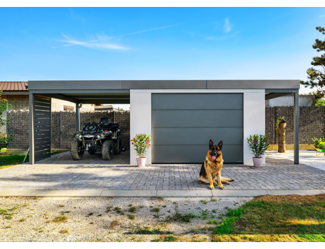 GARDEON® Záhradný domček s garážovou bránou a dverami Hörmann, oknom, dvomi svetlíkmi a dvomi prístreškami GARDEON® Záhradný domček s garážovou bránou a dverami Hörmann, oknom, dvomi svetlíkmi a dvomi prístreškami