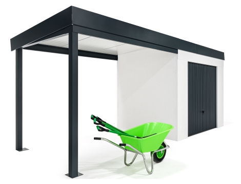 GARDEON® Záhradný domček s garážovou bránou Hörmann a ľavým prístreškom