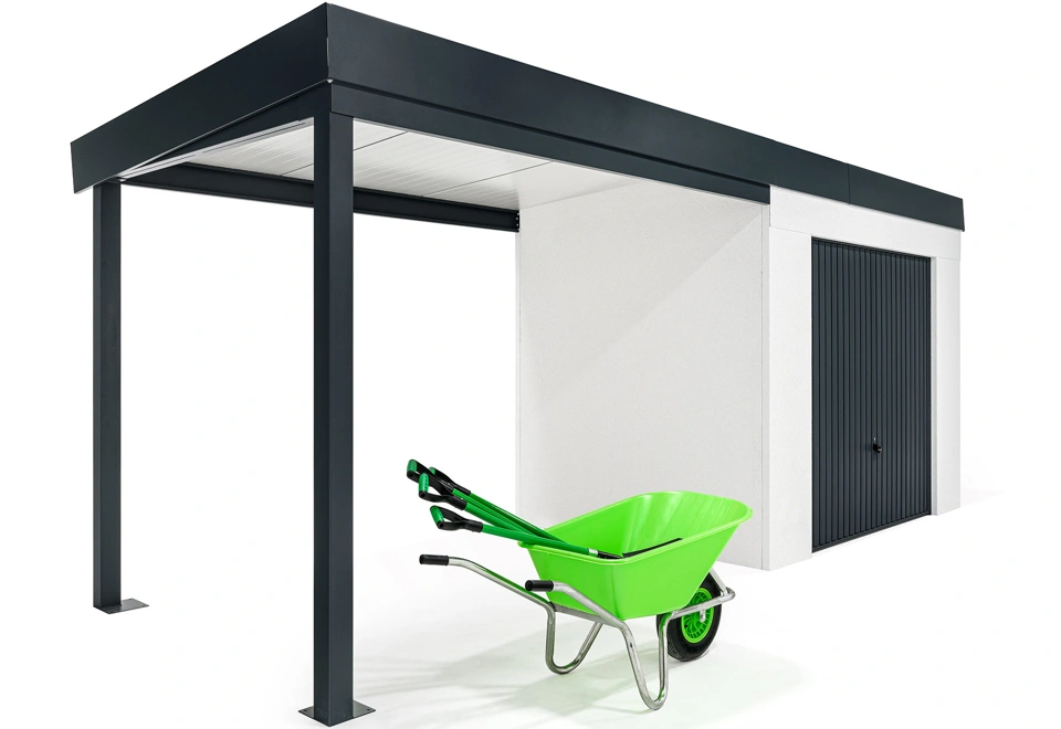 GARDEON® Záhradný domček s garážovou bránou Hörmann a ľavým prístreškom