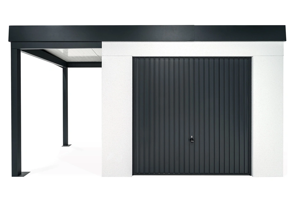 GARDEON® Záhradný domček s garážovou bránou Hörmann a ľavým prístreškom