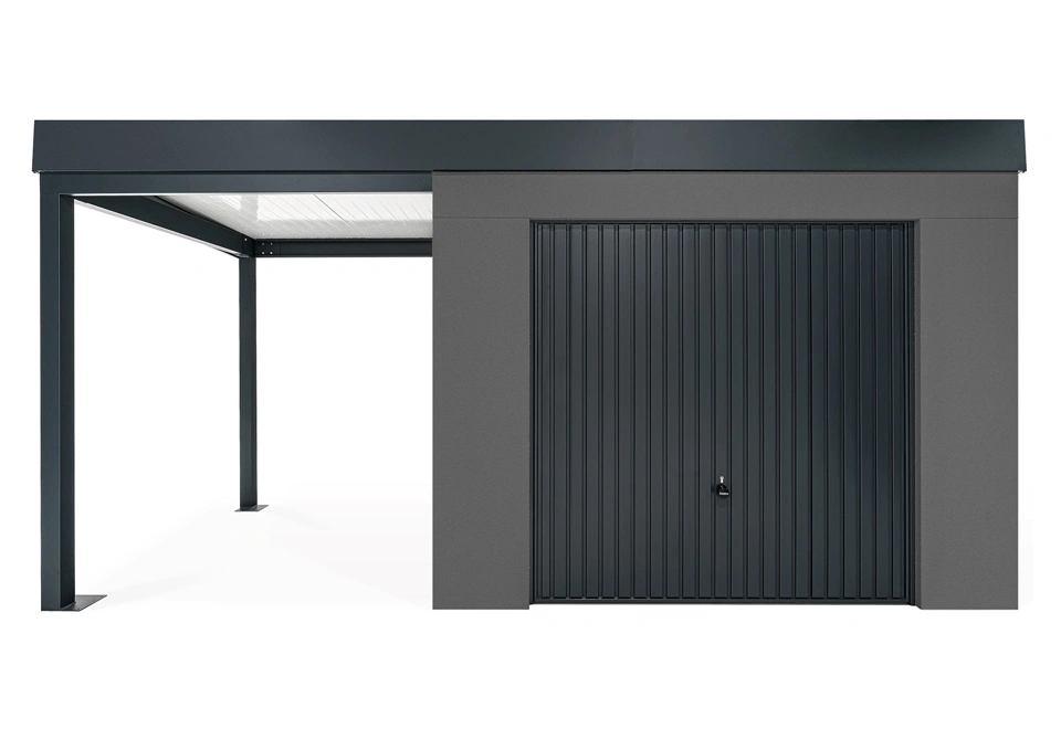 GARDEON® Záhradný domček s garážovou bránou Hörmann a ľavým prístreškom