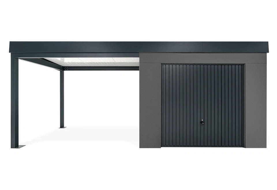 GARDEON® Záhradný domček s garážovou bránou Hörmann a ľavým prístreškom