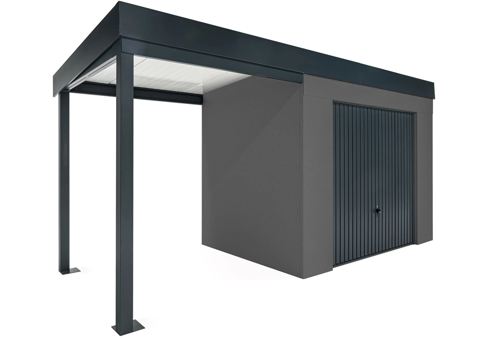 GARDEON® Záhradný domček s garážovou bránou Hörmann a ľavým prístreškom