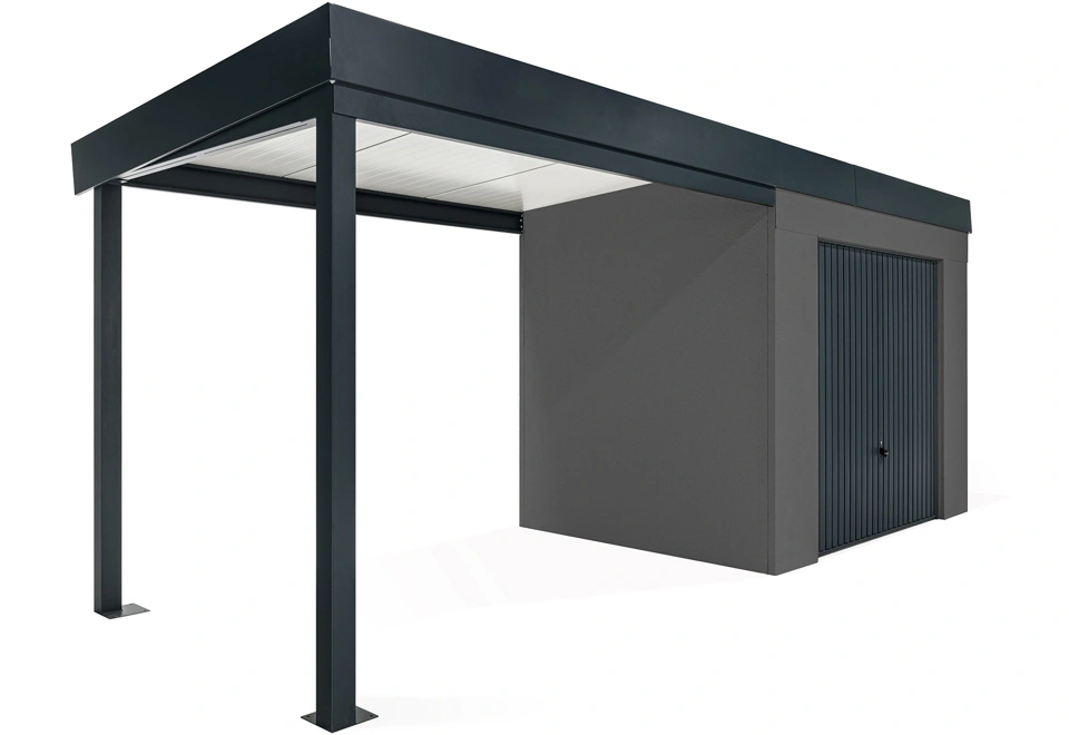 GARDEON® Záhradný domček s garážovou bránou Hörmann a ľavým prístreškom