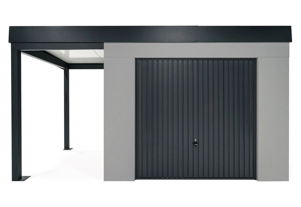 GARDEON® Záhradný domček s garážovou bránou Hörmann a ľavým prístreškom