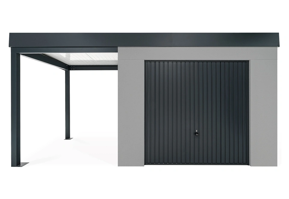 GARDEON® Záhradný domček s garážovou bránou Hörmann a ľavým prístreškom