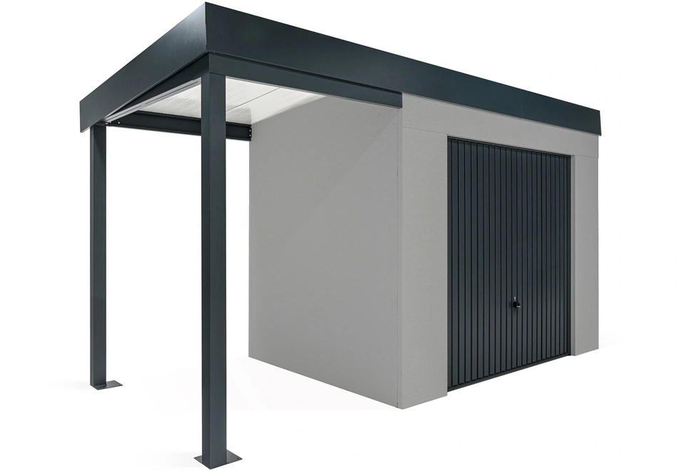 GARDEON® Záhradný domček s garážovou bránou Hörmann a ľavým prístreškom