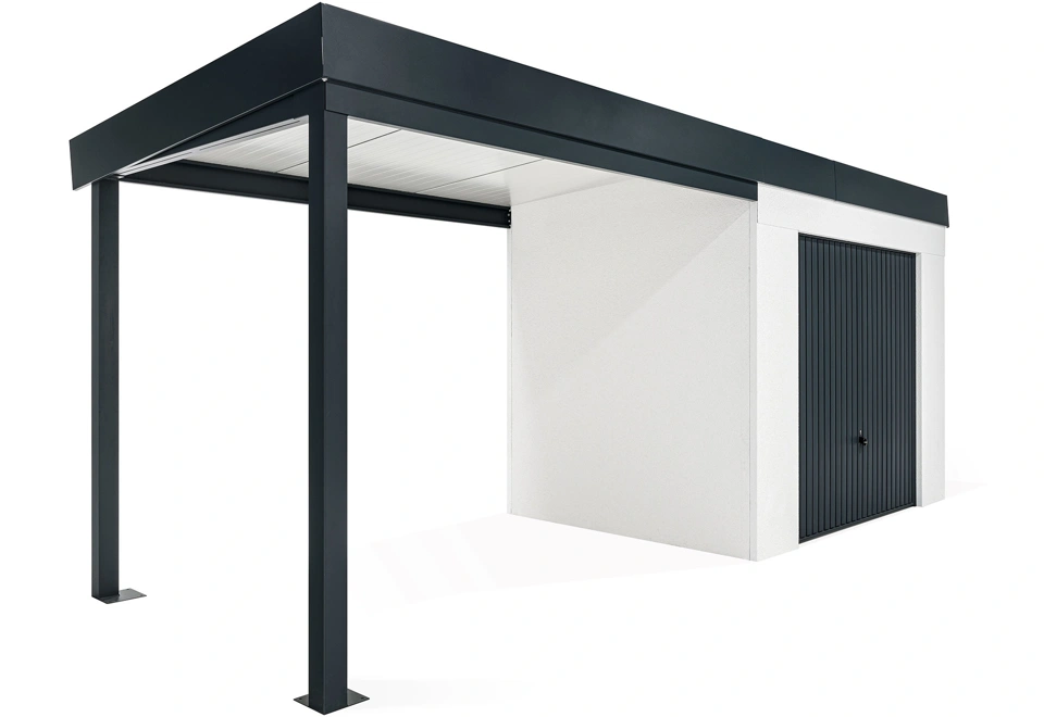 GARDEON® Záhradný domček s garážovou bránou Hörmann a ľavým prístreškom