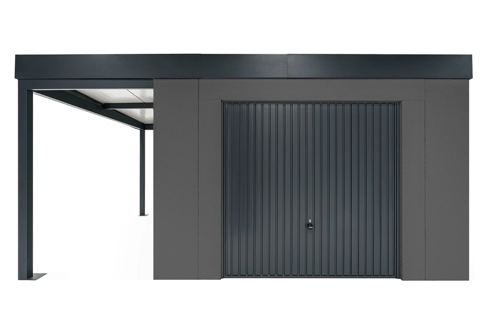 GARDEON® Záhradný domček s garážovou bránou Hörmann a ľavým prístreškom